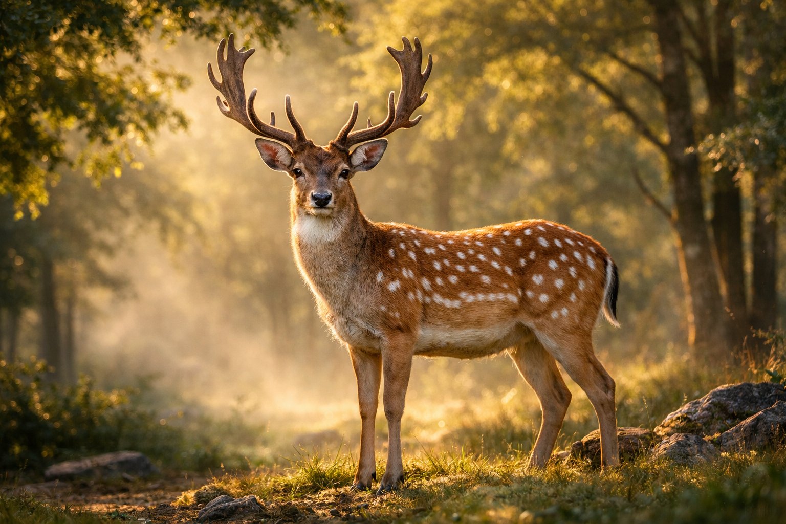 A deer standing in a forest with sunlight filtering through the trees.