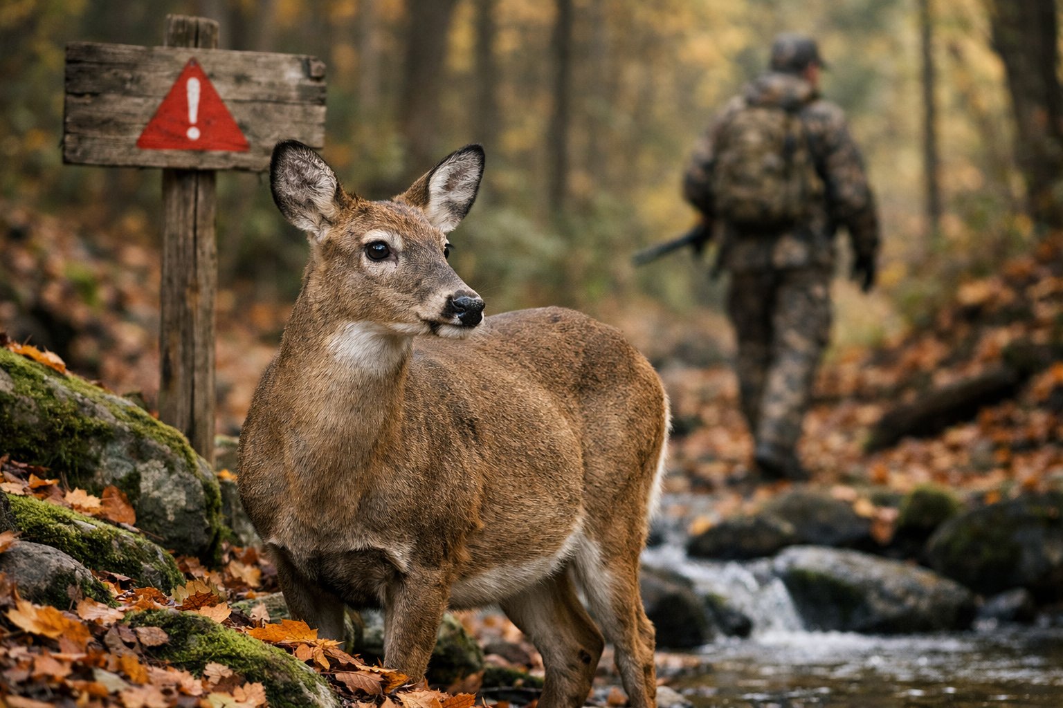 A deer standing near a stream in a forest with a distant hunter walking away and a warning sign partially visible.
