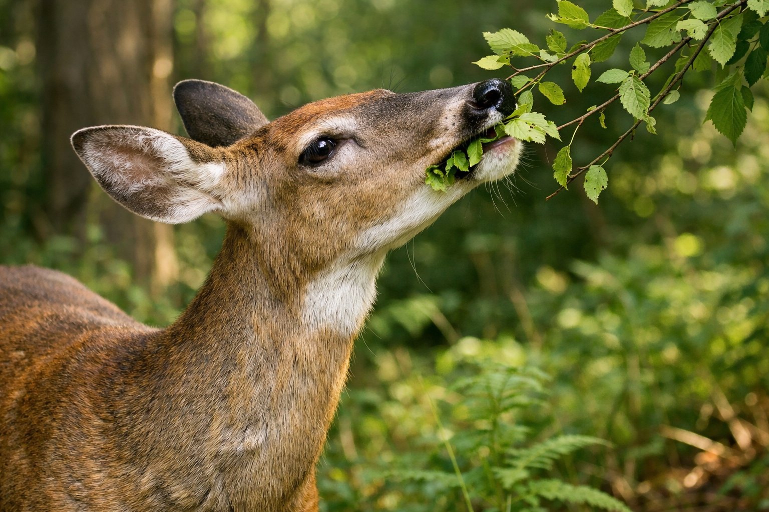 A deer eating green leaves in a forest surrounded by trees and plants.