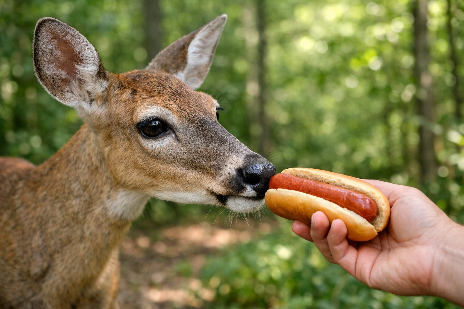 A deer in a forest sniffing a hot dog held by a person's hand.