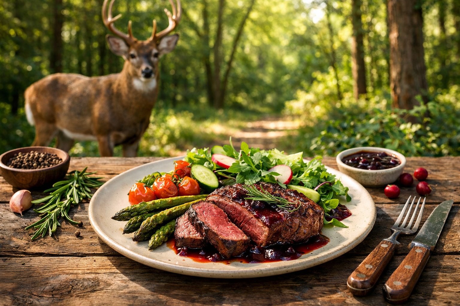 A cooked venison steak with vegetables on a wooden table outdoors, with a deer standing in a forest in the background.