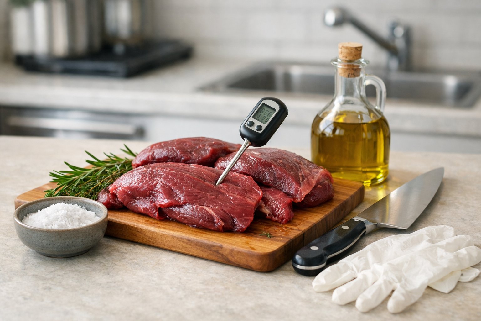 A kitchen countertop with raw deer meat on a cutting board surrounded by cooking utensils, fresh herbs, and a meat thermometer.