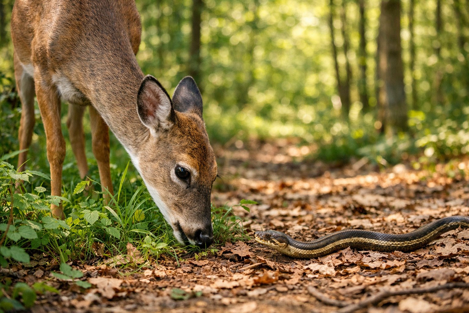 A deer grazing near a small snake moving on the forest floor in a sunlit woodland.