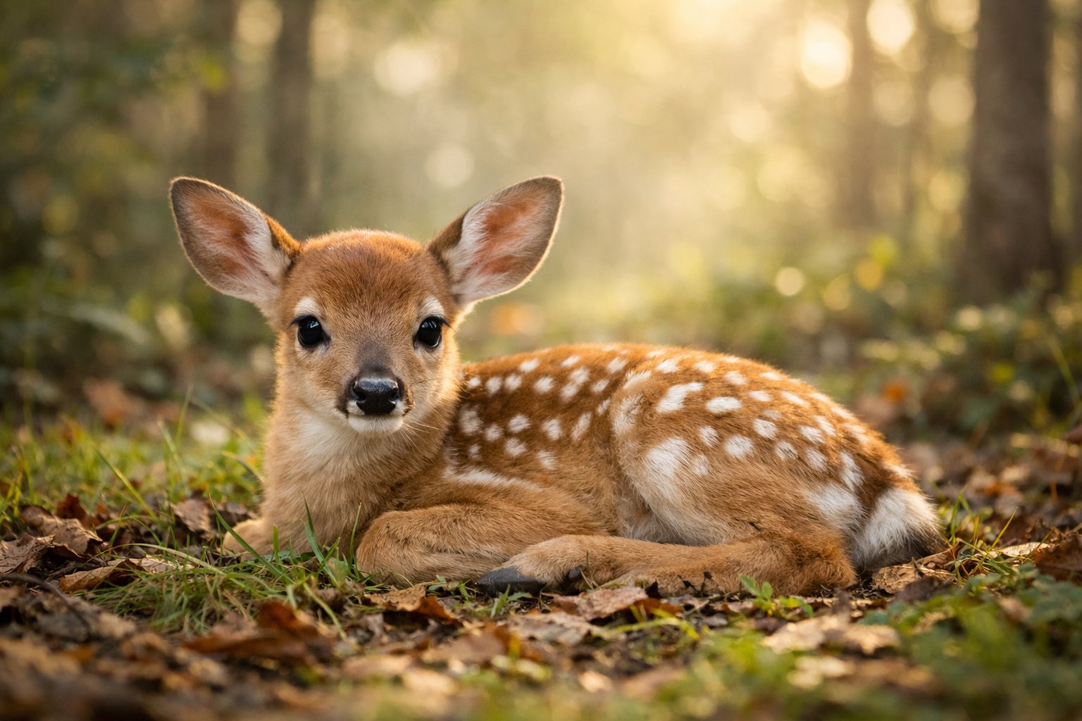 A baby deer lying down on grass in a forest with trees in the background.