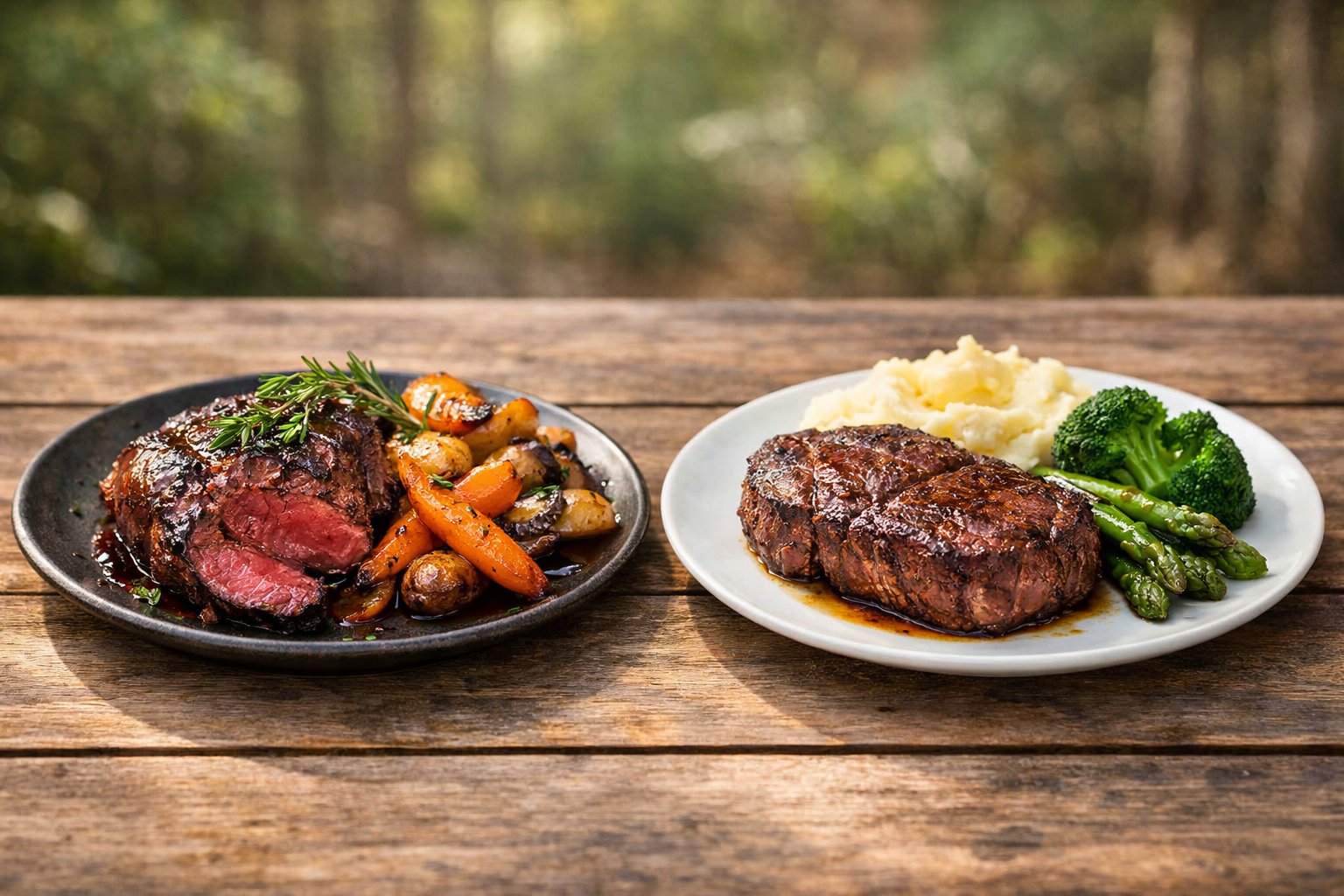 A wooden table outdoors displaying a grilled venison steak with roasted vegetables next to a beef steak with mashed potatoes and greens.