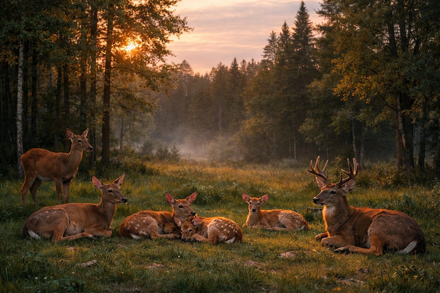 A group of deer resting peacefully in a forest clearing at dusk.