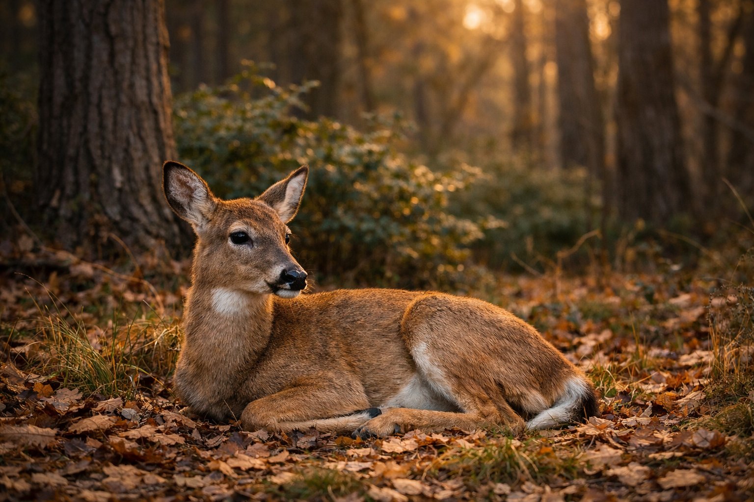 A deer resting quietly on the forest floor surrounded by trees and foliage at dusk.