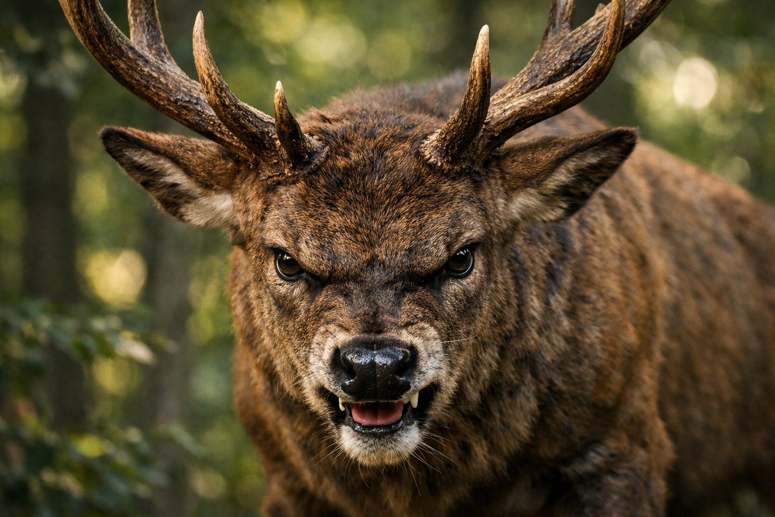 Close-up of an angry deer with pinned-back ears and raised antlers in a forest.