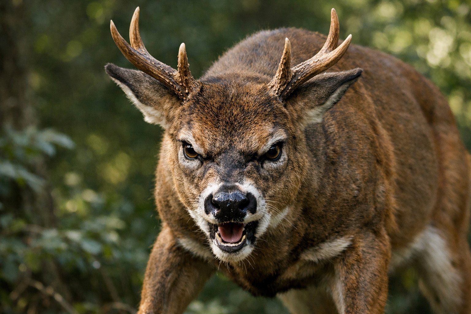 Close-up of a wild deer in a forest showing signs of anger with pinned-back ears and tense posture.