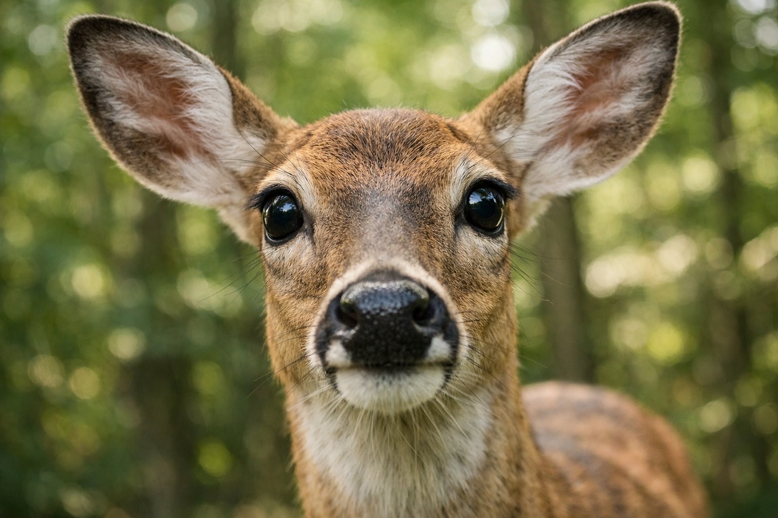 A deer standing in a forest looking directly at the camera with wide eyes.