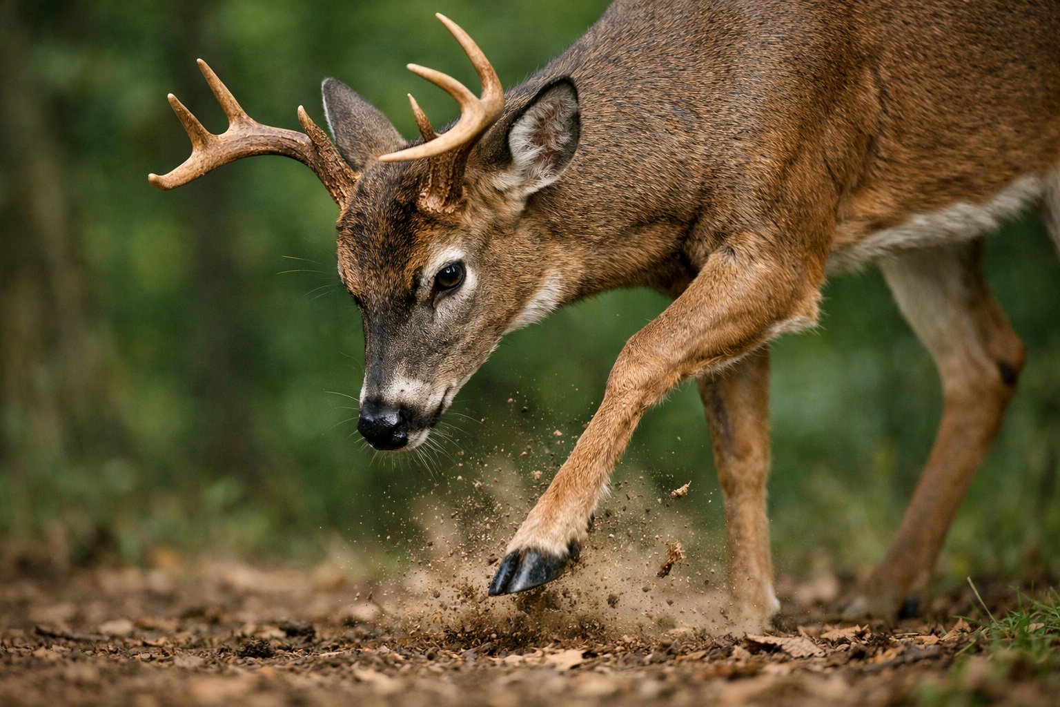 A deer in a forest stomping its front hoof on the ground with an alert expression.