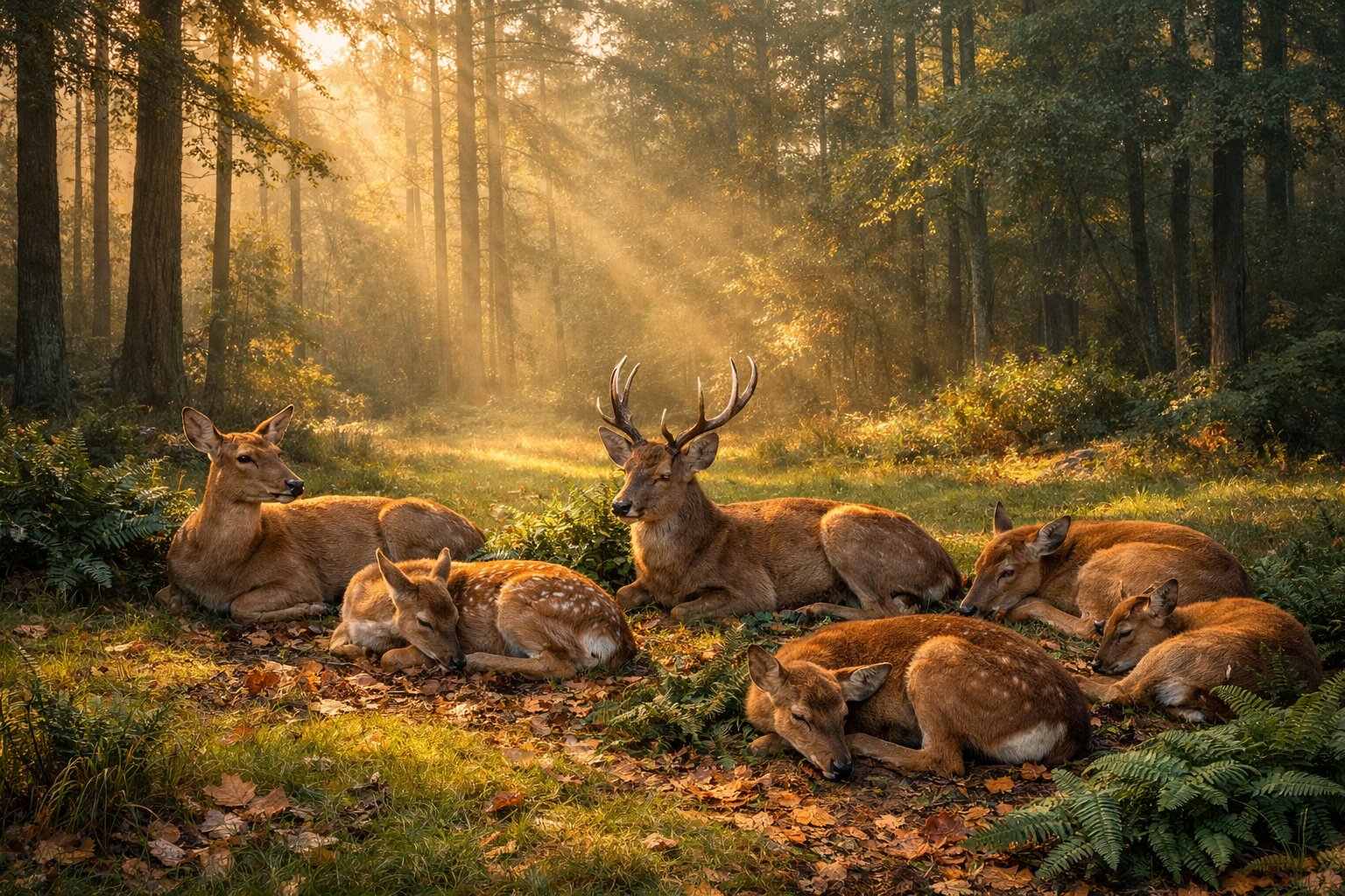 A group of deer resting quietly on the forest floor in a peaceful clearing surrounded by trees and greenery.