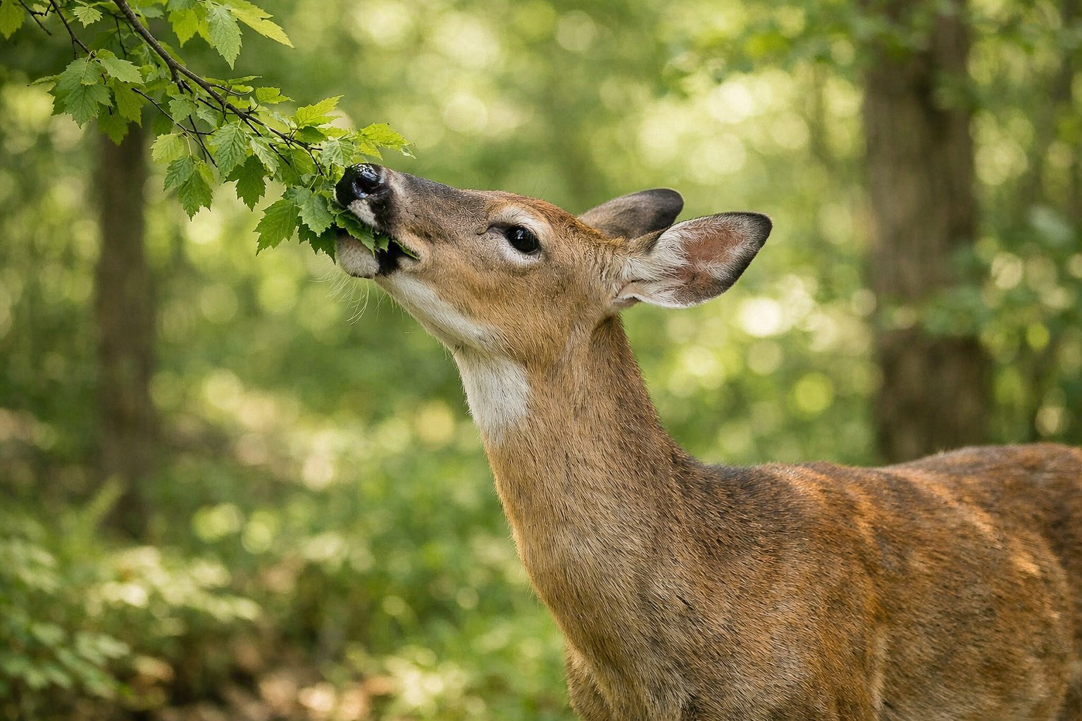 A deer eating green leaves from a tree branch in a forest.