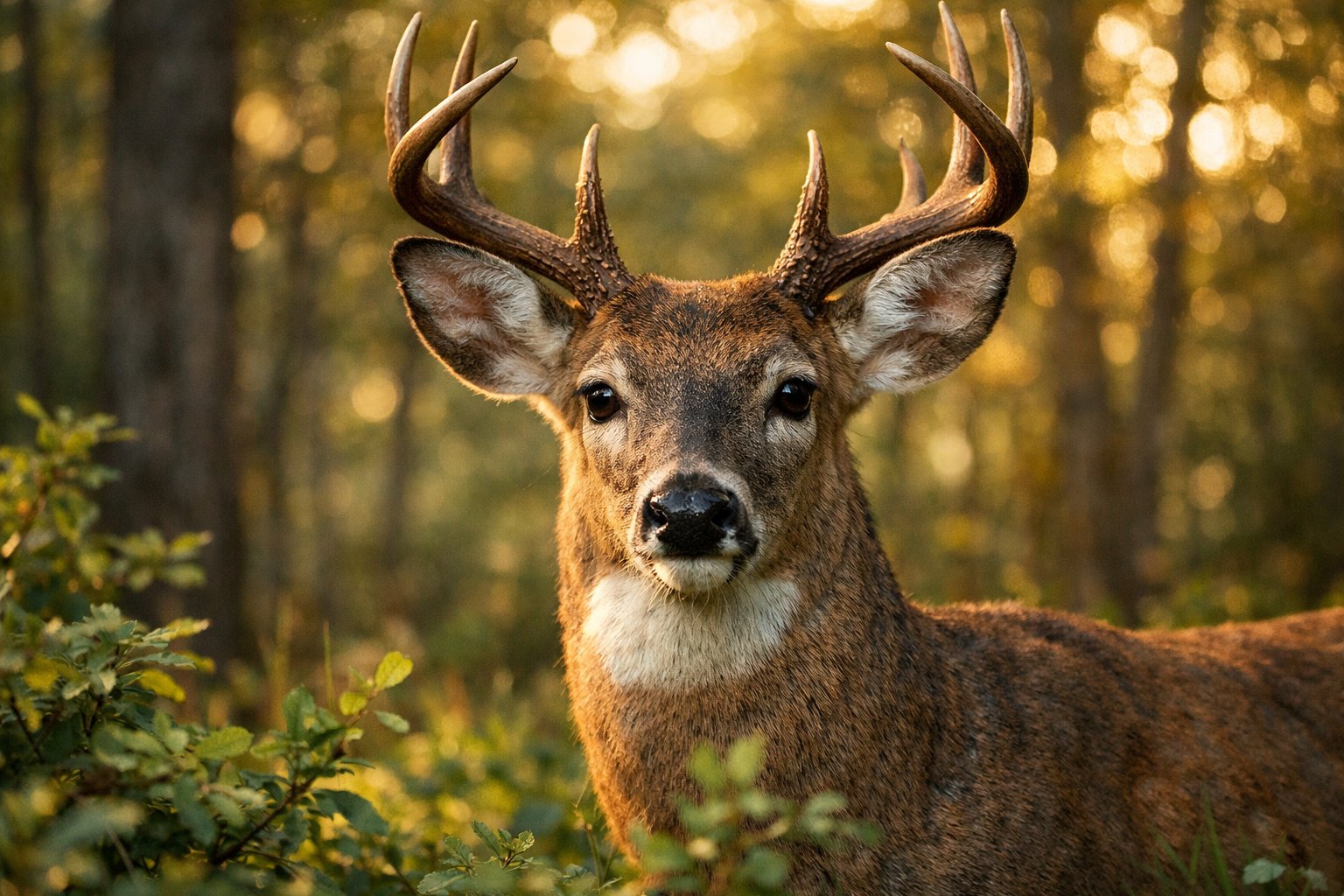 A close-up of a deer standing in a forest with sunlight filtering through the trees.
