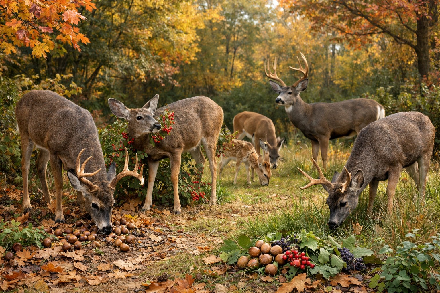 Several deer grazing in a colorful autumn forest surrounded by trees and plants.