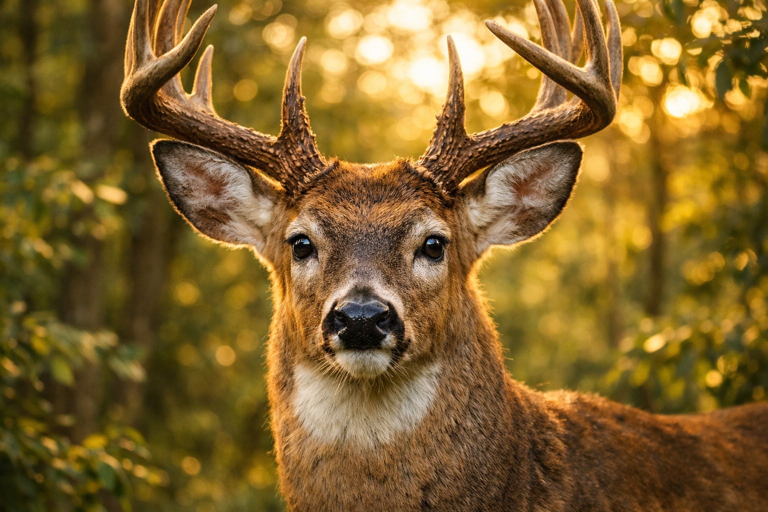 A close-up of a deer with antlers standing in a forest with sunlight filtering through the trees.