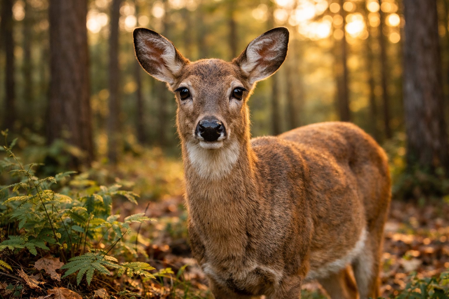 A calm deer standing close in a forest, looking peaceful and unafraid.