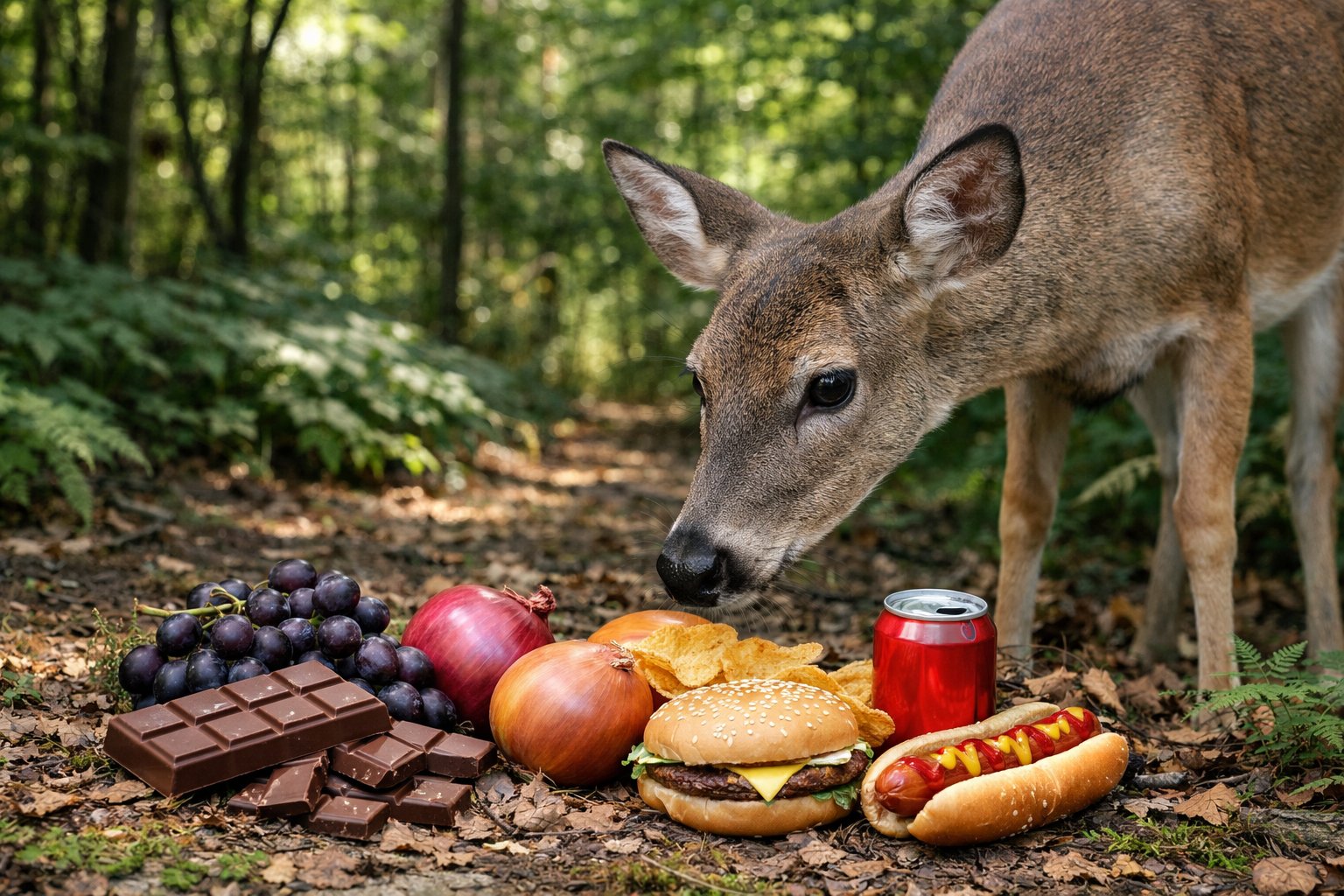 A deer in a forest near a pile of harmful foods it should not eat, including chocolate, grapes, and onions.