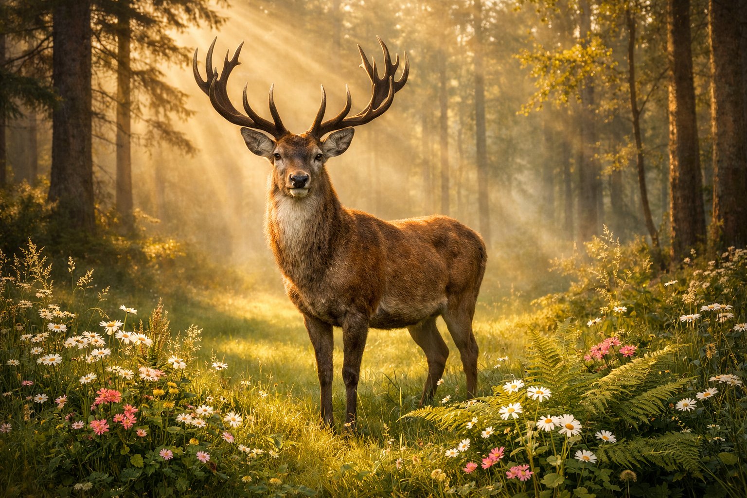 A deer standing calmly in a sunlit forest clearing surrounded by greenery and wildflowers.