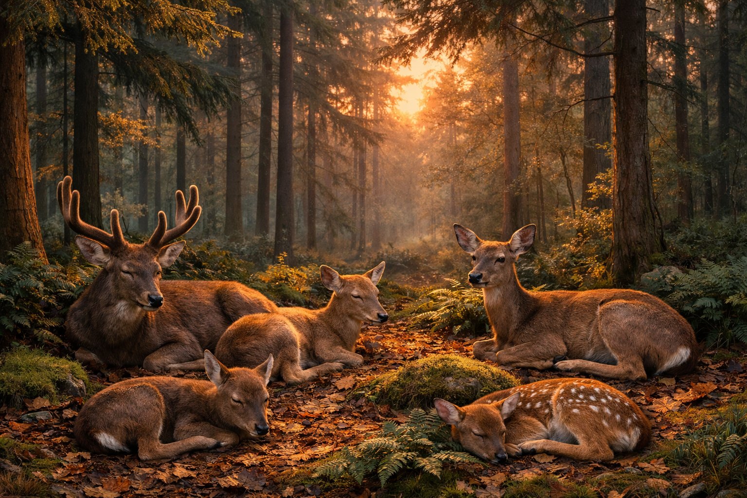 A group of deer resting quietly on the forest floor surrounded by trees and plants.