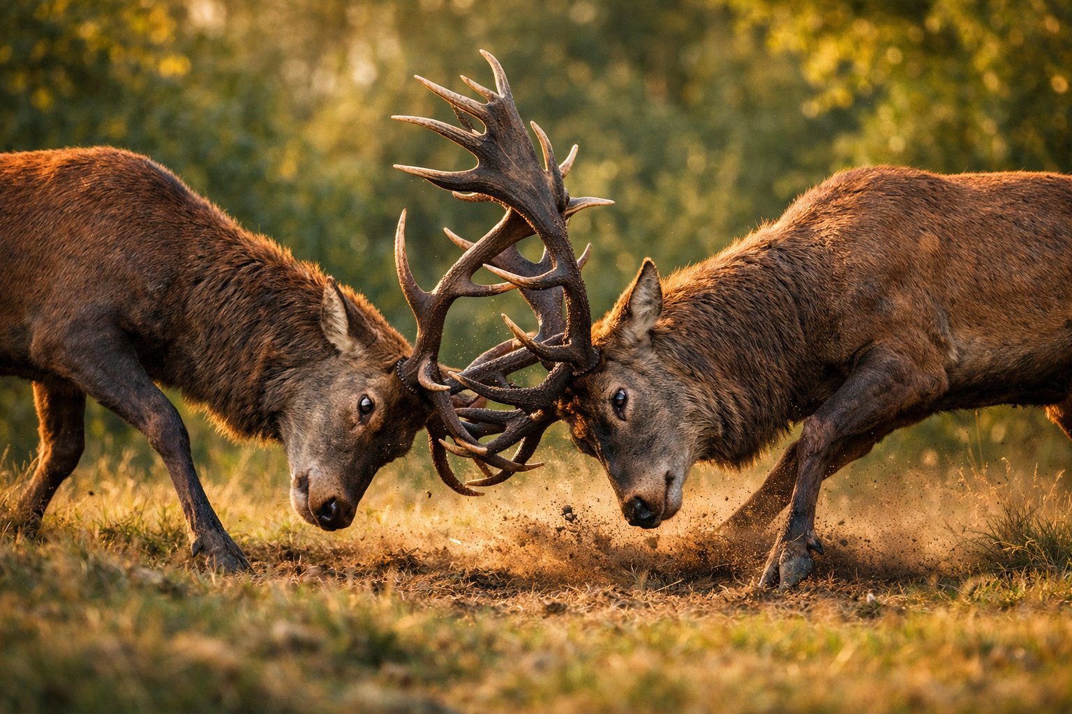 Two male deer locking antlers in a forest clearing during a fight.