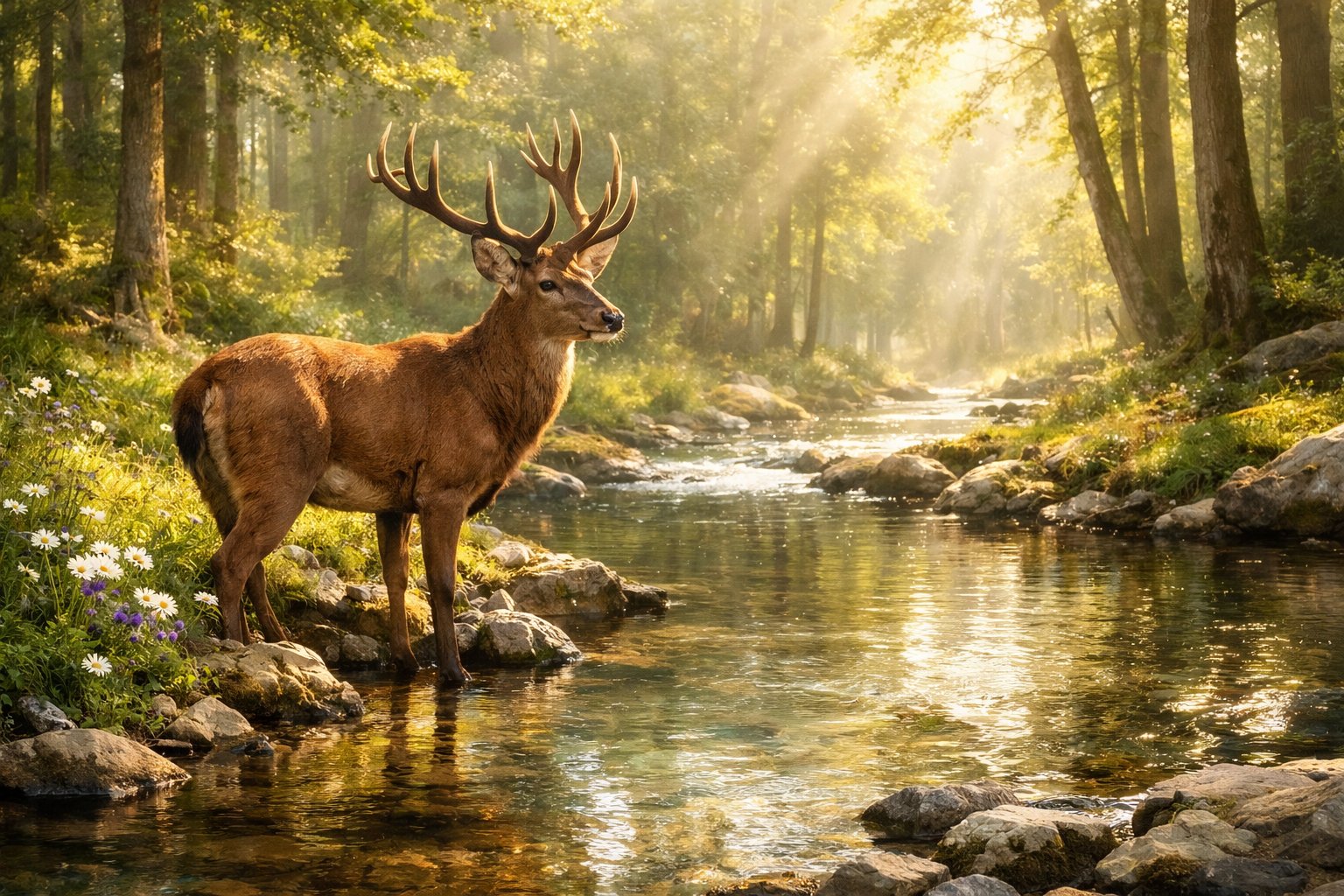 A deer standing by a clear stream in a sunlit forest surrounded by trees and wildflowers.