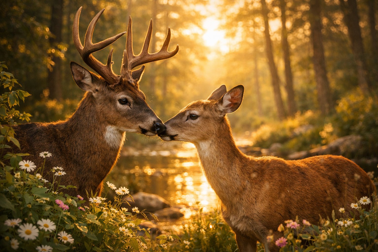Two deer standing close together in a sunlit forest surrounded by trees and greenery.