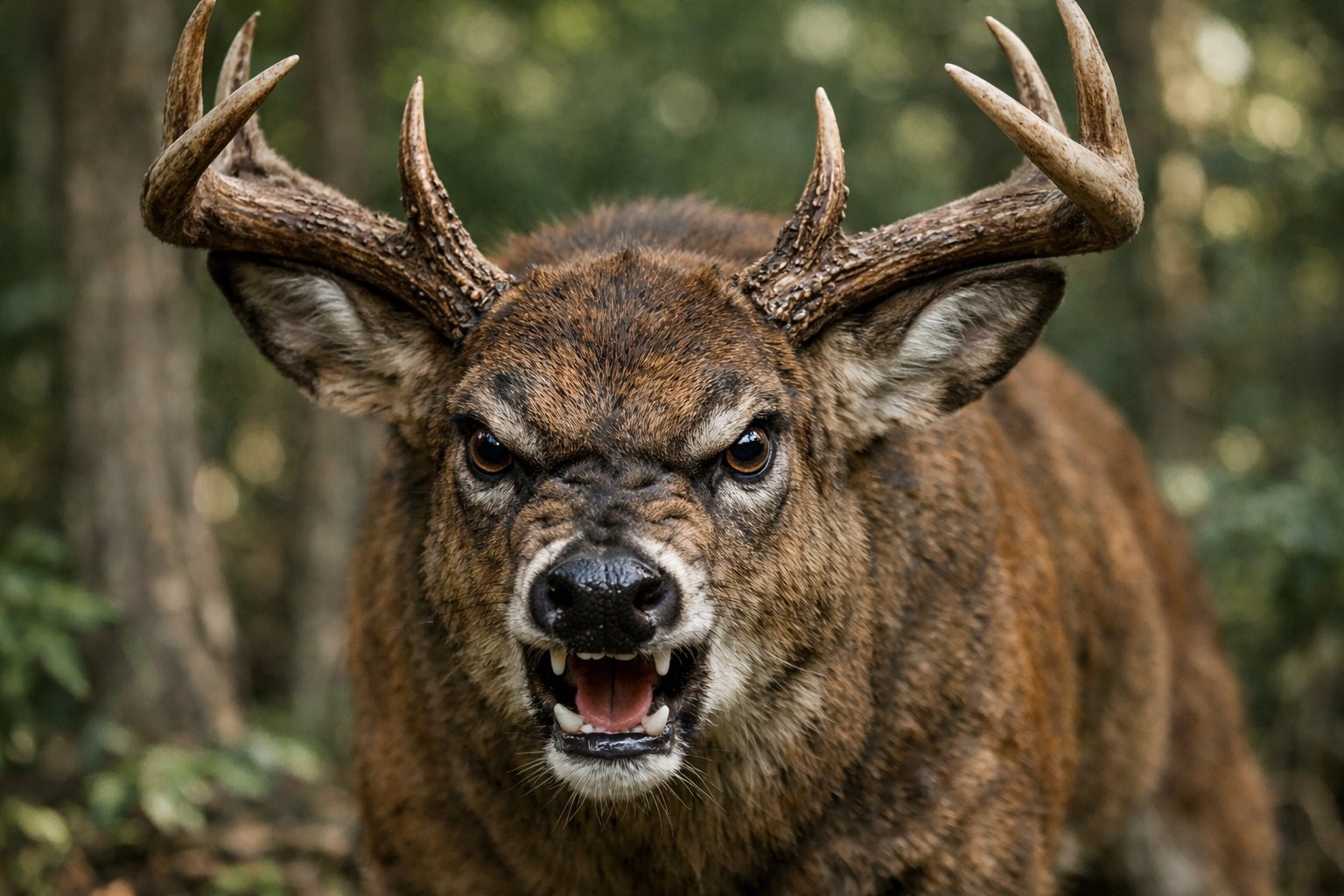 Close-up of an angry deer with flared nostrils and pinned-back ears in a forest.