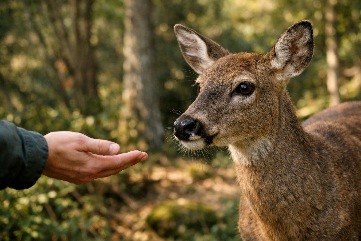 A person reaching out their hand toward a wild deer in a forest, with the deer looking alert and the natural woodland environment around them.