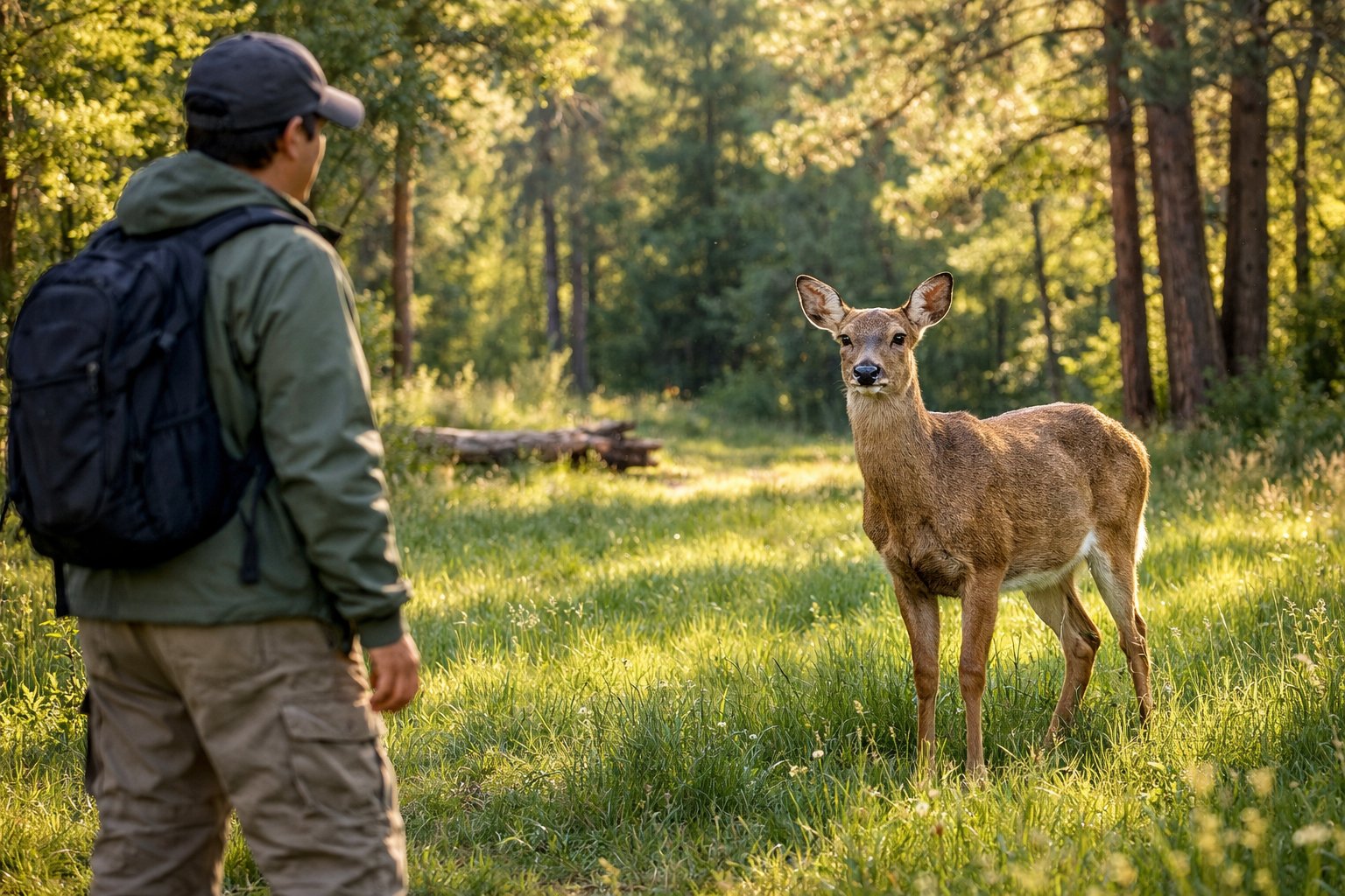 A person watching a deer from a distance in a forest clearing with trees and sunlight.