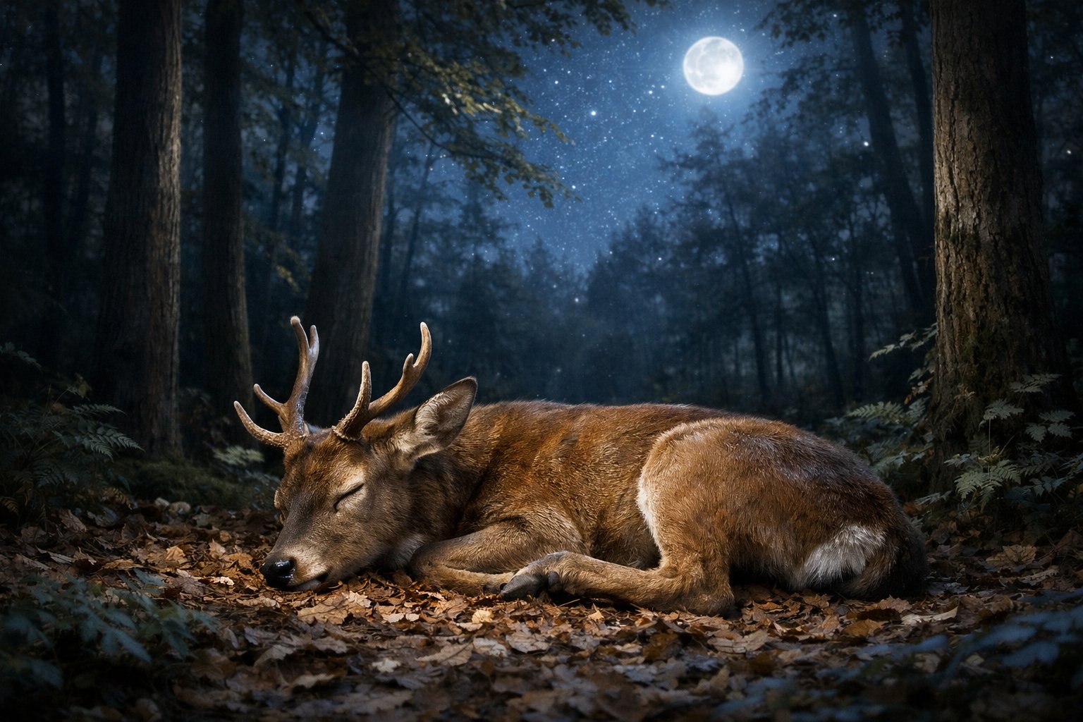 A deer resting quietly on the forest floor at night under moonlight.