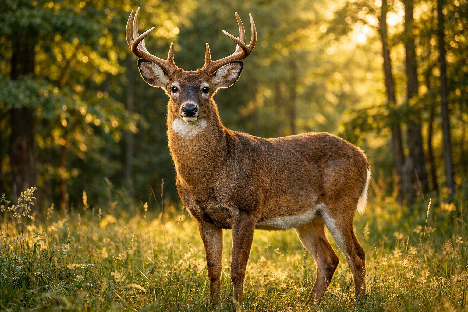 A deer standing alert in a forest clearing with sunlight filtering through the trees.
