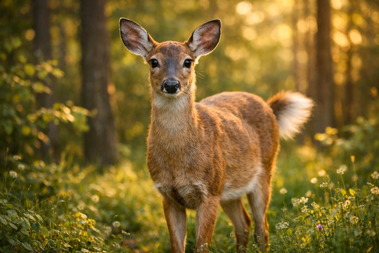 A deer in a forest looks directly ahead with its tail slightly wagging, surrounded by green trees and soft sunlight.