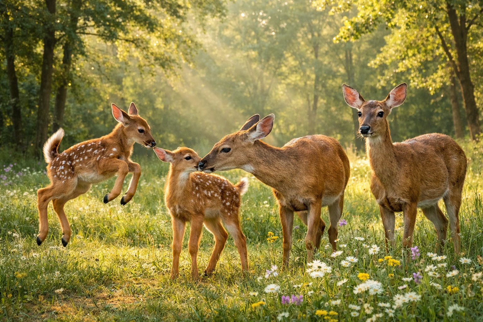 A group of deer in a sunlit forest clearing, with a fawn playfully jumping and a doe nuzzling it.