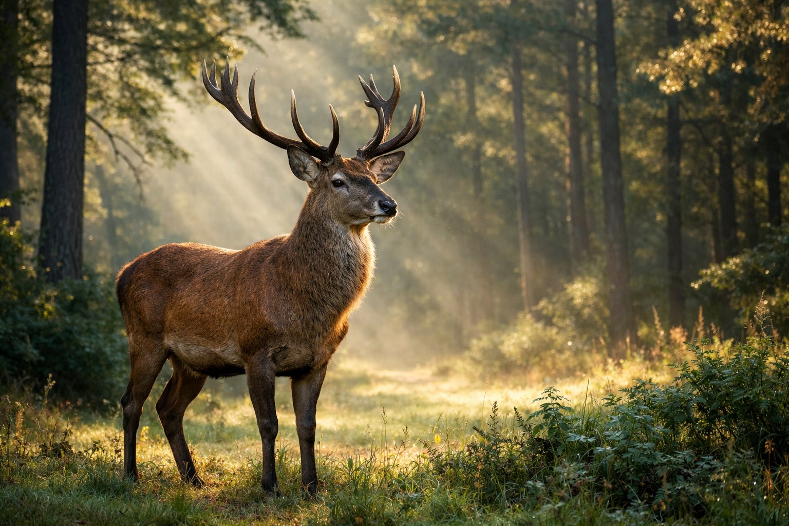 An adult deer standing in a sunlit forest clearing surrounded by green trees and foliage.