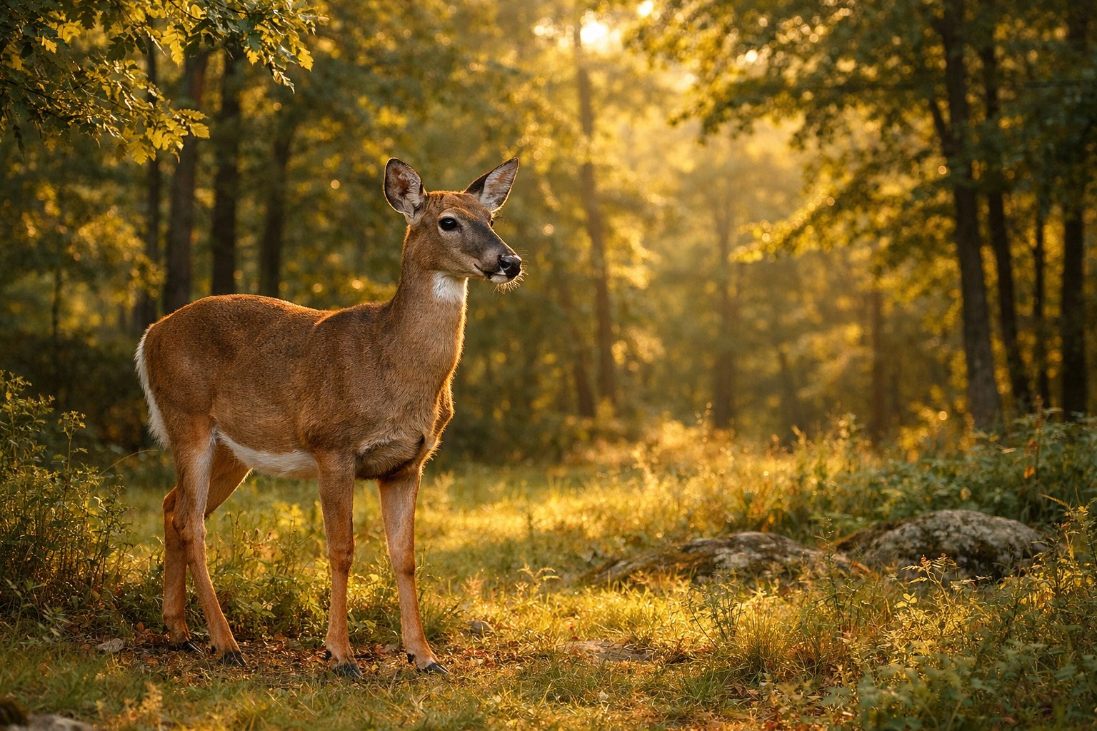 A mature deer standing in a sunlit forest clearing surrounded by trees and greenery.