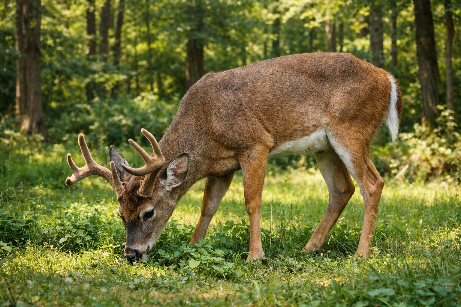 A deer grazing on green plants in a sunlit forest clearing surrounded by trees.
