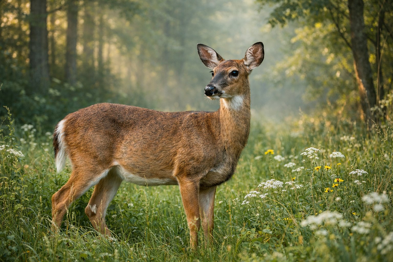 A deer standing alert in a green forest clearing with sunlight filtering through the trees.