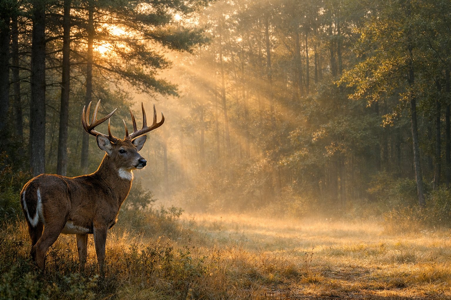 A large buck deer standing alert in a misty forest clearing at dawn with sunlight filtering through the trees.