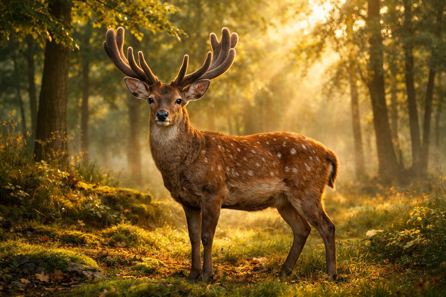 A majestic deer standing in a sunlit forest clearing surrounded by trees and green foliage.