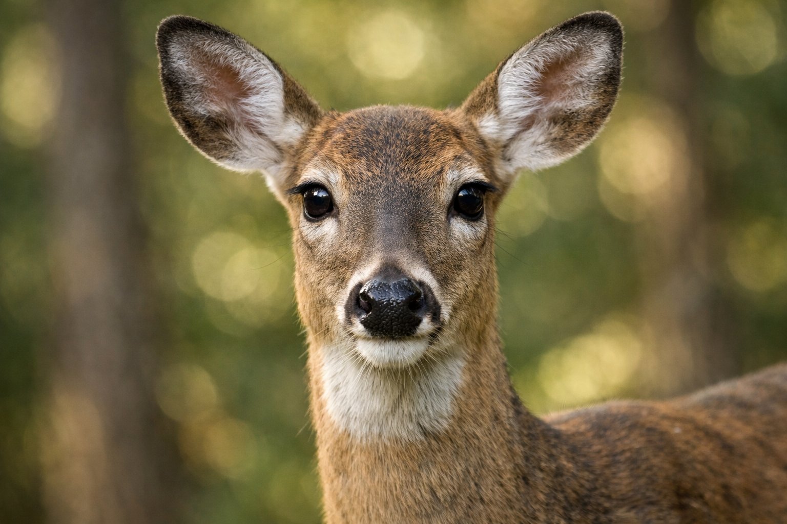 A deer looking directly ahead with a calm and curious expression in a forest setting.