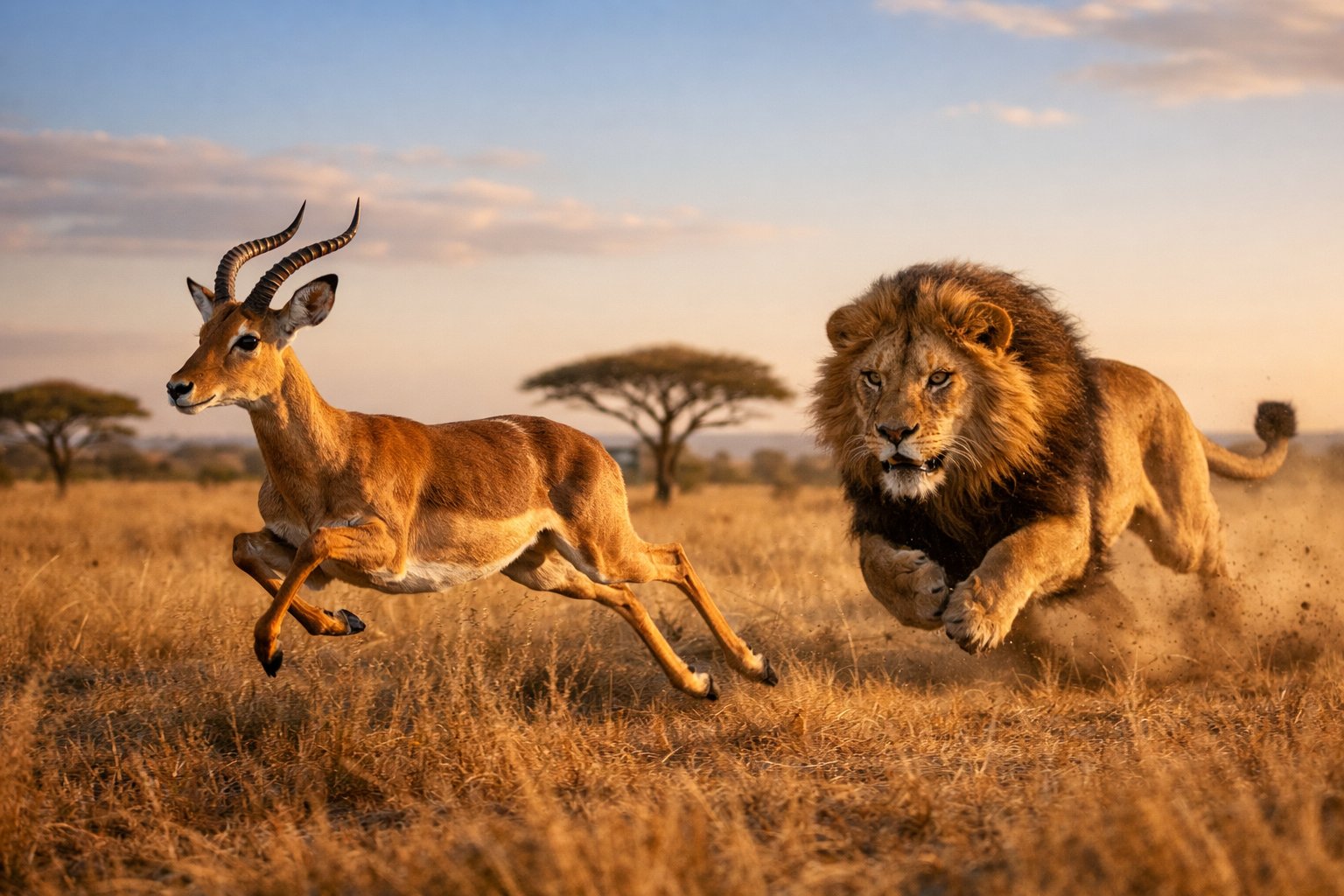 A deer leaping with a lion sprinting closely behind it across a sunlit grassy plain.