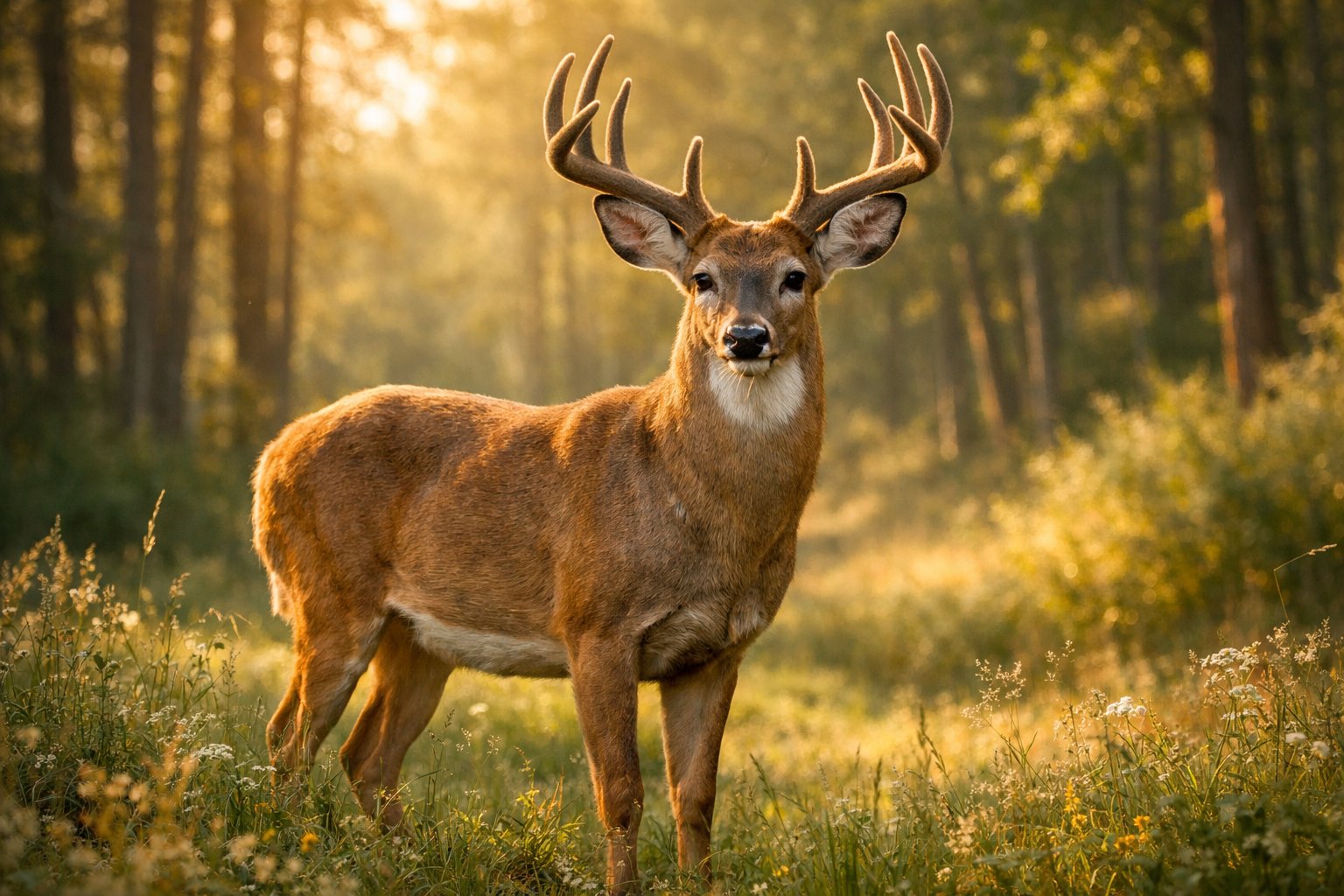A deer standing calmly in a forest clearing with sunlight filtering through the trees.
