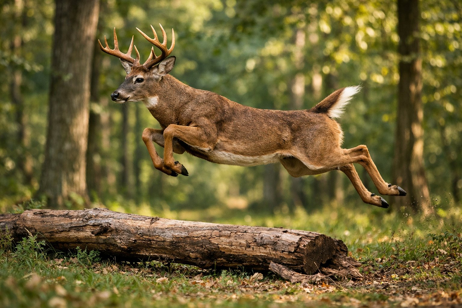 A deer jumping over a fallen log in a forest with trees and sunlight in the background.