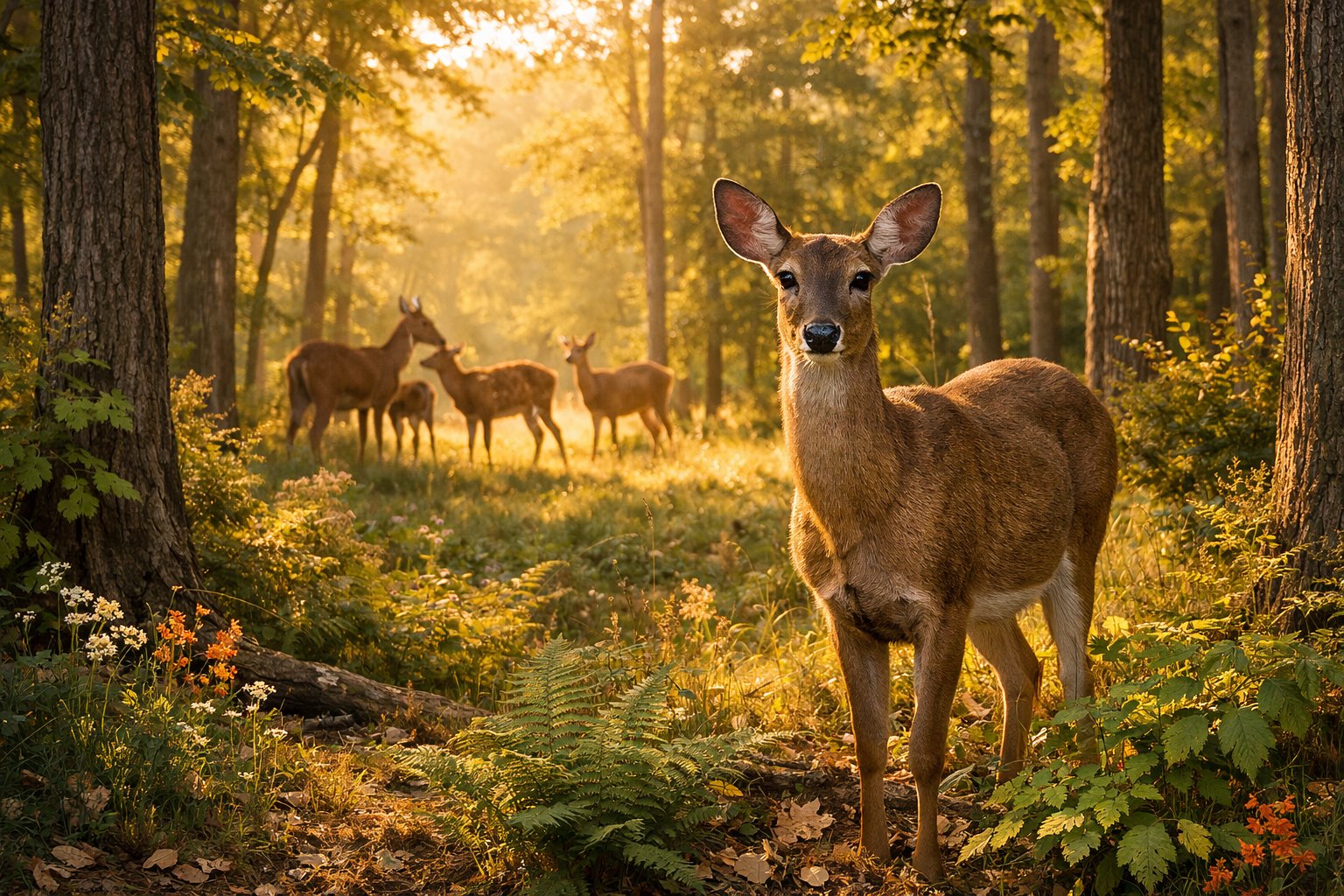 A calm deer standing in a forest with sunlight filtering through trees and other deer in the background.