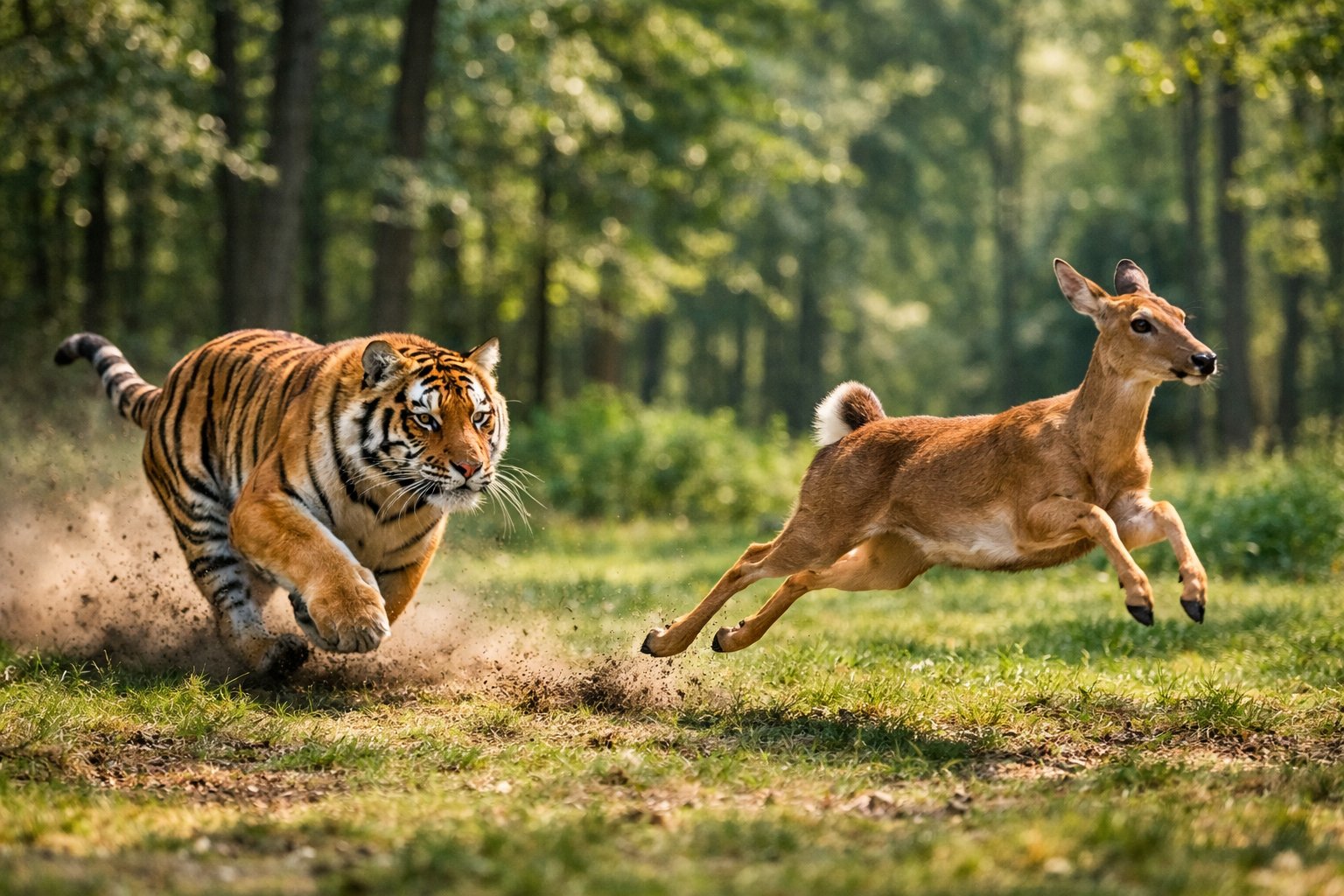A tiger chasing a deer through a sunlit forest clearing.