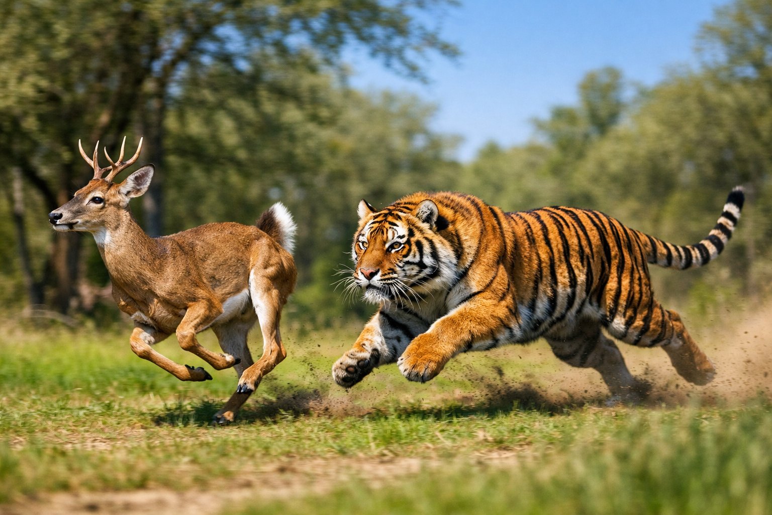 A deer and a tiger running side by side across a sunlit forest clearing.