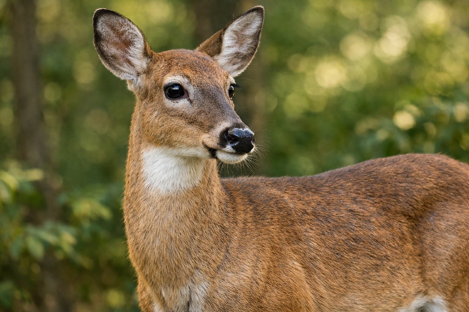 Close-up of a deer showing detailed fur texture in a forest with green foliage in the background.