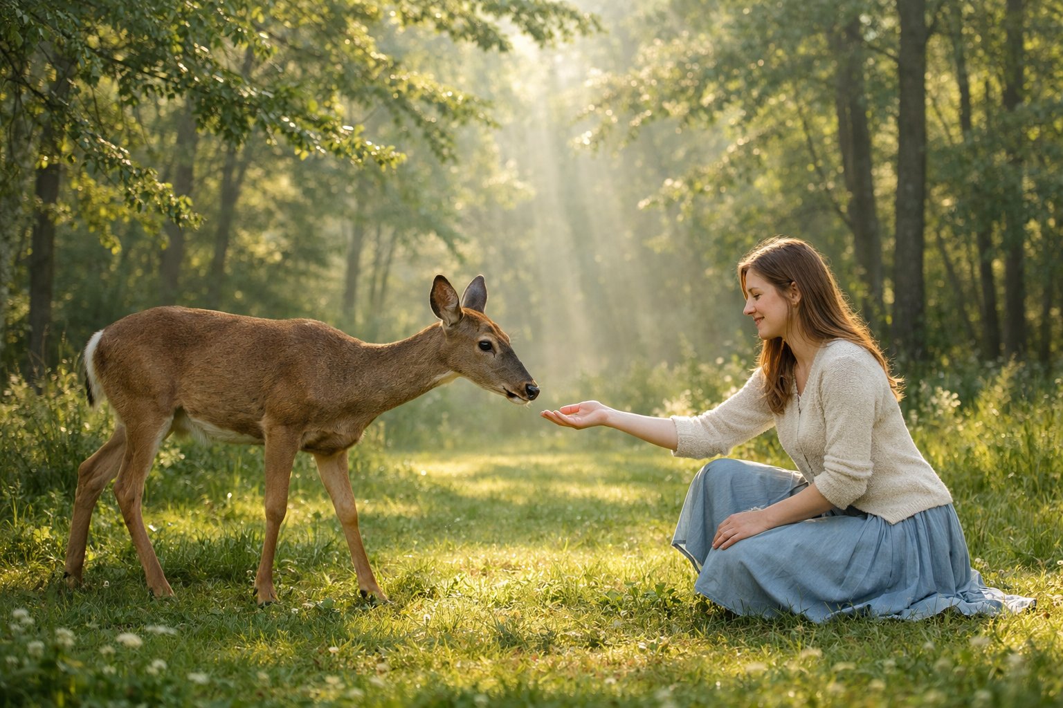 A young woman kneeling in a forest clearing gently reaching out to a deer approaching her.