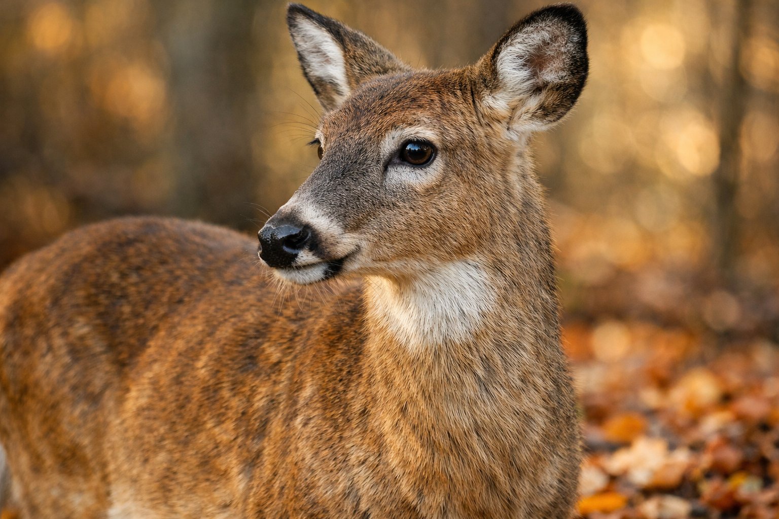 Close-up of a deer standing in a forest with detailed brown hair and autumn leaves on the ground.